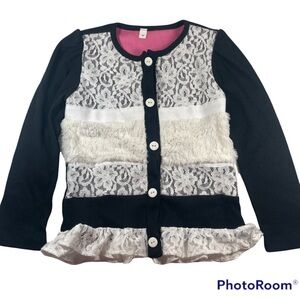NWOT Black Rib Cardigan With Faux Fur And Lace Ruffle size 5